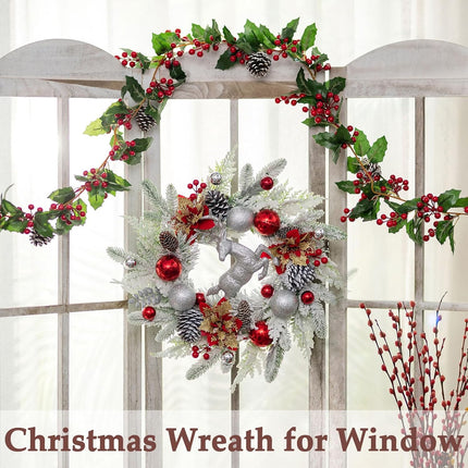 Christmas Wreath Front Door with Lights Indoor - Walasis Flocked Xmas Wreaths Door Decor 20inch White Winter Wreath Christmas Deer Wall Decoration