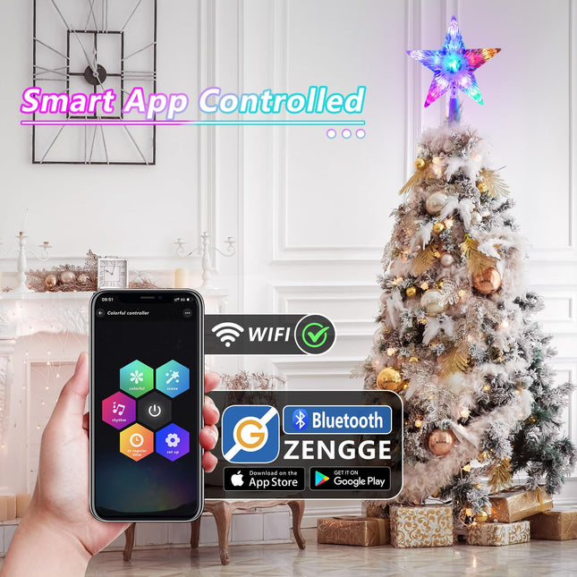 Christmas Tree Topper, 9" Lighted Christmas Tree Topper Star KBG LED 20 Light Modes Color Changing USB Powered with Versatile Remote Controller for Xmas Decorations
