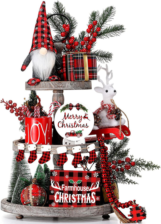 Unittype 13 Pieces Christmas Tiered Tray Decorations Set Farmhouse Table Decorations Includes Gnomes Decor Plush Christmas Wooden Signs for Indoor Home Coffee Bar Table Mantel(Red)