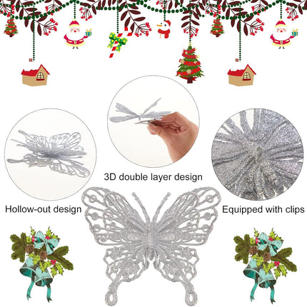 12 PCS Glitter Butterfly Christmas Tree Ornaments, Hollow-Out Butterfly Christmas Decoration with Clips, Craft Xmas Ornaments, Christmas Tree, Wreath, Garland, Home Decorations, Silver