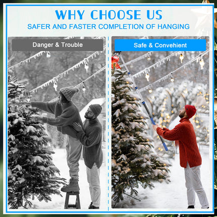 Pole for Hanging Christmas Lights, 3.8-12 FT Long Extension Pole with Utility Hook, Ladderless Telescopic Poles Christmas Outdoor String Light Installation Tool, Extend a Reach Rod Kit