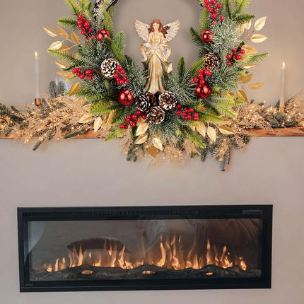 YULETIME 24" Angel Christmas Wreath, Artificial Holiday Wreath with Resin Angel Statue, Natural Rattan Ring & Pine Cones, Golden Leaves, Red Baubles, Spruce Branches, Snowy Pine Needles (Angel)