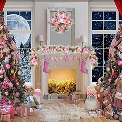 22inch Christmas Pink Wreath for Front Door with 30 LED Lights,Elegant Pink Magnolia Christmas Door Wreath,Festive Holiday Decor, Frosted Winter Wreath,Pink Decorations for Christmas and Wedding