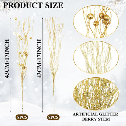 Giegxin 16 Pack Christmas Picks and Sprays, 17 Inches Christmas Berry Stem Branches for Christmas Tree Filler Decorations, Xmas Glittery Twigs Ornaments for Holiday Winter Decor(Champagne)