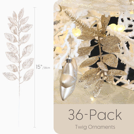 Sea Team 36-Pack Artificial Glitter Acacia Twigs, Decorative Sticks, Glittery Leaves, Stems, Picks, Branches for Christmas Tree, Wreath, Vase Fillers for Centerpieces, Home Décor, Champagne