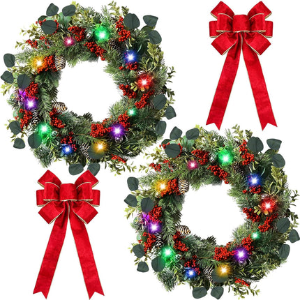 2 Pcs 16 Inch Pre Lit Christmas Wreath with Large Red Bow, Battery Operated Xmas Wreaths, Artificial Front Door Wreaths, Adorned with Red Berries, Pine Needle, Holly Leaves Xmas Door Decor