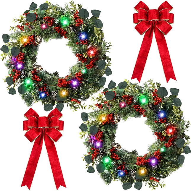 2 Pcs 16 Inch Pre Lit Christmas Wreath with Large Red Bow, Battery Operated Xmas Wreaths, Artificial Front Door Wreaths, Adorned with Red Berries, Pine Needle, Holly Leaves Xmas Door Decor