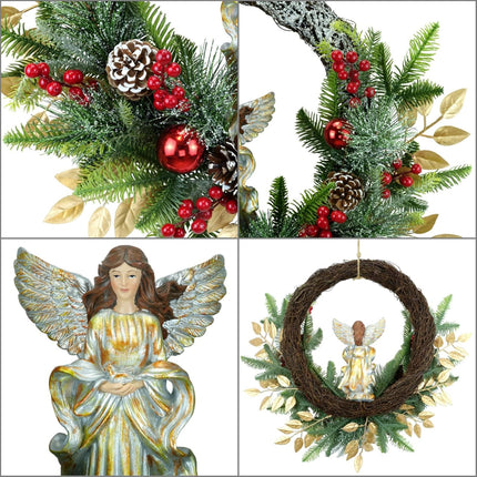 YULETIME 24" Angel Christmas Wreath, Artificial Holiday Wreath with Resin Angel Statue, Natural Rattan Ring & Pine Cones, Golden Leaves, Red Baubles, Spruce Branches, Snowy Pine Needles (Angel)