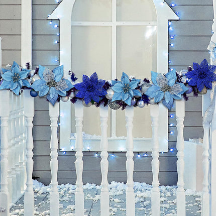 Winlyn 26 Set 3 Style Christmas Blue Glitter Poinsettia Flowers Picks Xmas Tree Ornaments and 12 Yards Decorative Blue Glittered Wired Ribbon for Blue Christmas Tree Wreath Garland Holiday Décor