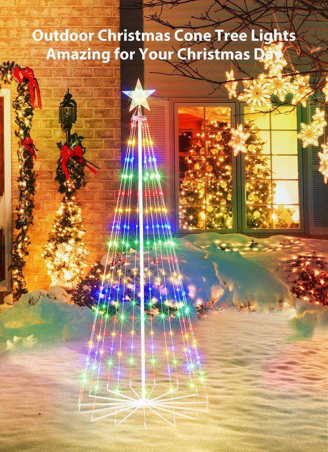 LED Christmas Cone Tree Light, 6ft 265 LED Outdoor Lightshow Christmas Tree with 8 Modes Timer Remote, Artificial Christmas Tree with Star Topper for Porch Yard Patio Indoor Decorations, Multicolor