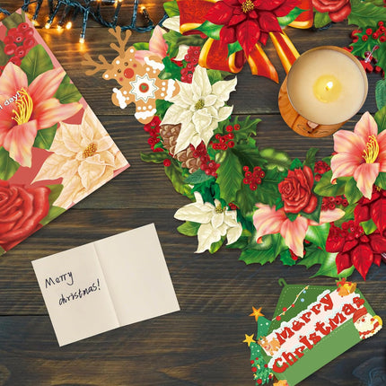 16 inch Airpark Paper Pop Up Christmas Wreath, Cards, Greeting Cards, Flower Cards, 3D Winter Joy Floral Wreath, Life Sized Reusable Christmas Decoration for Xmas Party & Home Decor