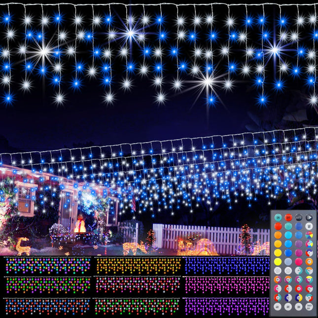 Color Changing Icicle Lights with 44 Keys Remote, Christmas LED Icicle Lights Outdoor, 240 LED 23 FT RGB Waterproof Hanging String Lights for Roof Window Home Party Halloween Thanksgiving Decor