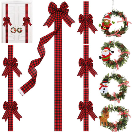 Ysleen 6 Pcs Christmas Cabinet Ribbon Bows Festive Large Xmas Bows and 4 Pcs Christmas Pine Wreath with Snowman Santa Claus Artificial Christmas Front Door Wreath for Christmas Party (Black and Red)