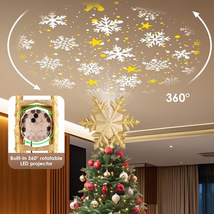 Christmas Tree Topper Lighted Star with Projector Light 6 HD Effects, 3D Glitter Gold Christmas Tree Star Topper Christmas Projector Lights Indoor for Home Xmas Christmas Tree Decorations