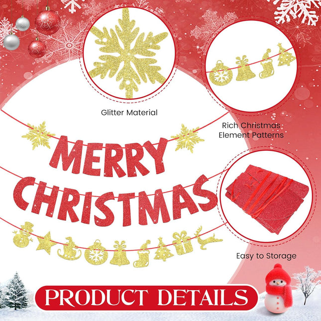 Set of 3 Pre-Strung Merry Christmas Banner Merry Christmas Garland Glitter Xmas Sign Inside Hanging Decor Outdoor Indoor Decoration for Home Holiday Party Supplies Porch(Red, Gold)