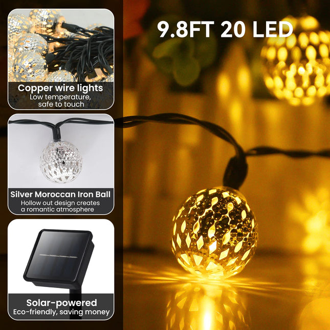 Solar String Lights for Outside, 9.8FT 20LED Outdoor Solar String Lights with 8 Mode, Moroccan Solar Fairy Lights, Waterproof Globe Solar Twinkle Lights for Outside Garden Patio Wedding, Warm White
