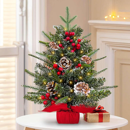 2 Pack 24 Inch Small Christmas Tree with Lights Frosted Thick PE PVC Realistic-Feel Cedar Norfolk Pine Artificial Mini Tabletop Christmas Trees Berries Pinecone Timer Christmas Decoration Indoor Home