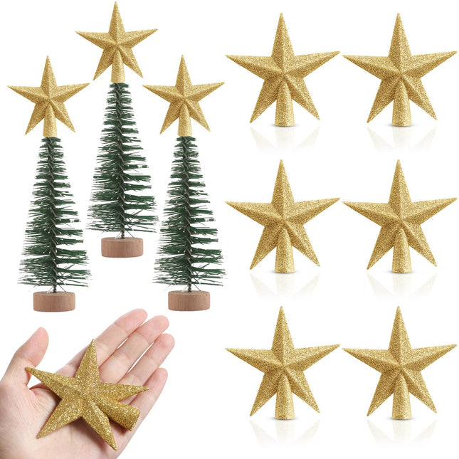 Hiboom 6 Pcs Christmas Tree Star Topper Mini Lightweight Small Glitter Xmas Tree Topper Christmas Tree Decoration for Christmas Tree Ornaments Holiday Indoor and Outdoor Treetop Decoration (Golden)
