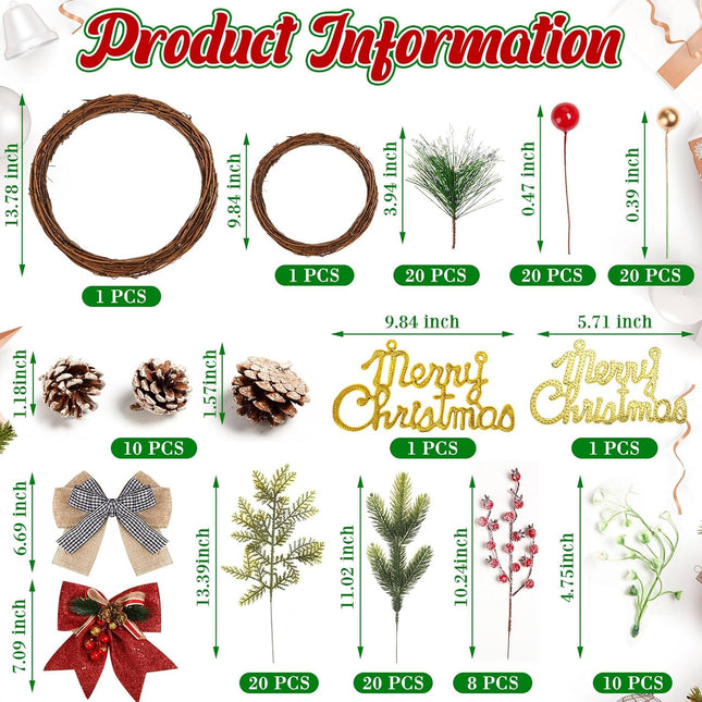 Hotop 134 Pcs Christmas Wreath Decorations Kits Included Grapevine Wreaths Pine Branches Pinecones Letter Signs Bow Ties Berry Picks for DIY Christmas Craft Garden Front Door Art Wall Hanging Decors