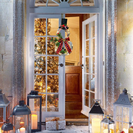 DearHouse Lighted Christmas Wreath Decoration, 16 x 8 Inch Grapevine Wreath with Hat and Bow Snowman Shape Wreath for Front Door Home Garden Wall Decor