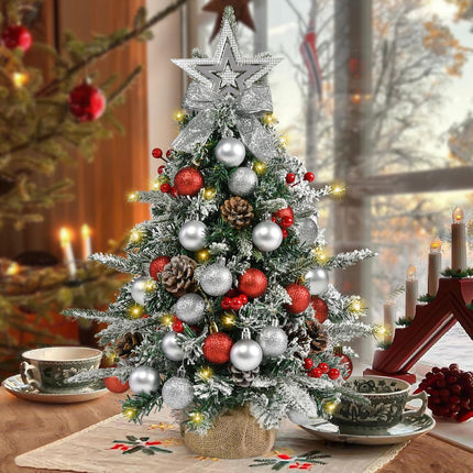 Tabletop Christmas Tree 24 Inch / 2 FT Mini Artificial Christmas Tree with 40 LED Lights, Battery Operated Small Xmas Tree for Indoor Tabletop or Desktop Decoration (Red and Silver Ornament Tree)