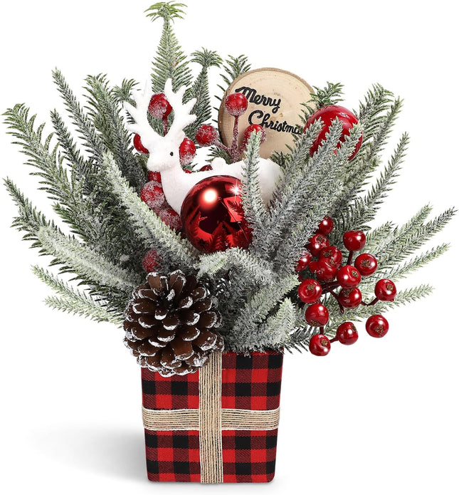 Artificial Christmas Tree, Small Christmas Tree Decorations, Holiday Decorations with red Apples、and Red and Black Checkered Base for Home Interior Christmas Decoration
