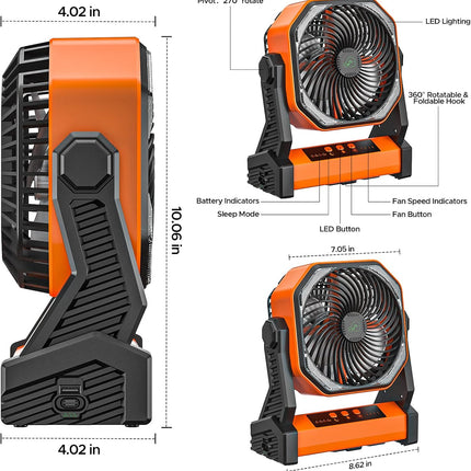20000Mah Rechargeable Camping Fan With Led Lantern, 58Hrs Portable Battery Operated Desk Fan With Hanging Hook For Camping Picnic