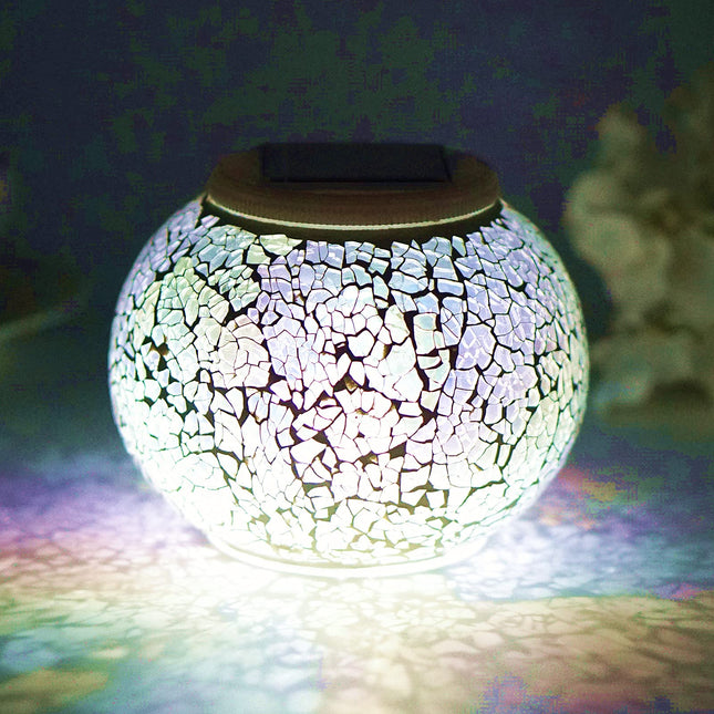 Solar Glass Ball Table Light Color Changing Solar Powered Mosaic Crackle Glass Table Lamps Waterproof LED Night Light for Bedroom Yard Patio Halloween Christmas Decorations (Crackle Glass, White)