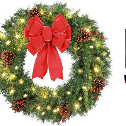 Solar Christmas Wreath Pre-Lit Solar 50 Led Artificial Wreath Outdoor Front Door Window Christmas Decorations with Frosted Branches Pine Cones Berry Clusters Red Velvet Bows 24 Inches
