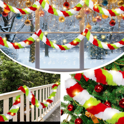 Jutom 50 Ft Christmas Tree Garland Lime Green LED Lighted Faux Fur Ribbon Trim Artificial Furry Stripe Roll Garland for Xmas Holiday Winter Indoor and Outdoor Decoration(Red Green White)