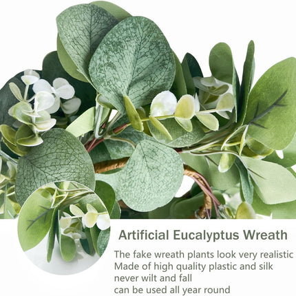 Mini Artificial Wreath Eucalyptus 10" Faux Eucalyptus Leaves Cabinet Wreath Artificial Greenery Wreath for Front Door Farmhouse Wall Window Wedding Home Decoration (Green Leaf-3 PCS)