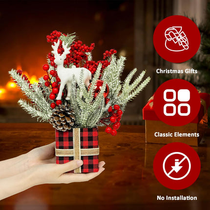 Small Christmas Tree with Lights, Tabletop Christmas Tree, Mini Christmas Tree with Red Berries Pine Cone for Home Decor Indoor Artificial Christmas Table Decorations
