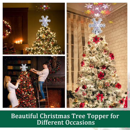 Christmas Tree Topper Lighted with Silver Snowflake Projector, Led Rotating Magic Snowflake, 3D Hollow Glitter Lighted Silver Snow Tree Topper for Christmas Tree Decorations