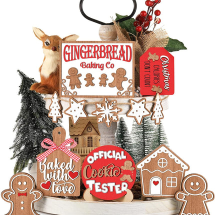 Jetec 12 Pcs Christmas Tiered Tray Decorations Set Christmas Wooden Signs Tiered Tray Decor Xmas Gingerbread Man Snowflakes Pink Gnome Sign Rustic Farmhouse Decor for Home Table Shelf(Santa)
