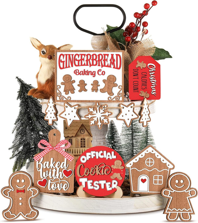 Jetec 12 Pcs Christmas Tiered Tray Decorations Set Christmas Wooden Signs Tiered Tray Decor Xmas Gingerbread Man Snowflakes Pink Gnome Sign Rustic Farmhouse Decor for Home Table Shelf(Santa)