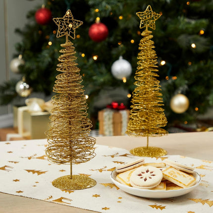 2 Pack Small Gold Christmas Tree Decorations for Table Top Holiday Decor (3 x 10.5 Inches)