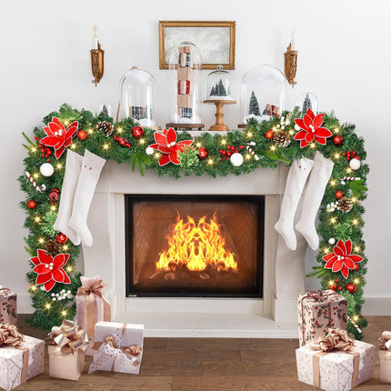 Christmas Garland with Lights, 9Ft Prelit Christmas Garland with Pinecones Red Berries Bows Christmas Balls Candies for Christmas Decorations and Holiday Mantle Fireplace Decor