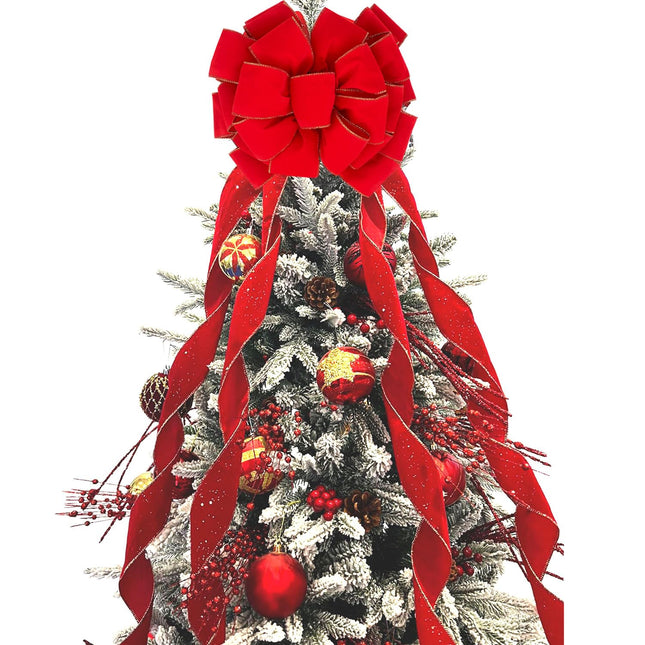 Christmas Large Bows Boxed, 45x12 Inches Gold Wired Red Velvet Bows with Long Tails for Wreath Floral, Christmas Tree Topper, Outside Red Bowknot for Wedding Car Garden Yard Front Door
