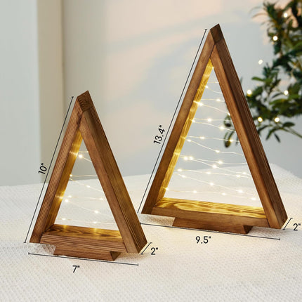 2 Pack Wood Tabletop Christmas Trees with Lights, Christmas Decorations Indoor, Modern Farmhouse Christmas Decor Small Trees for Table, Mantle, Shelf (13.4" and 10" Tall)