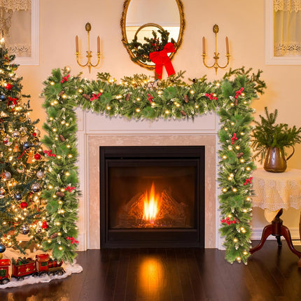 Christmas Garland with Lights, 50 LEDs 9FT Prelit Garland Battery Operated Outdoor Indoor Christmas Decorations Lighted Garland for Stairs Railing Fireplace Mantle Front Door Home Holiday Decor