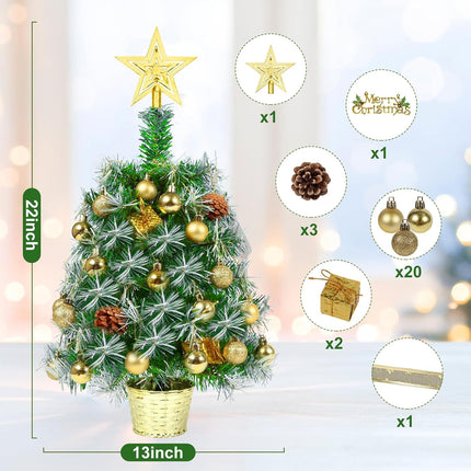 Small Prelit Christmas Tree, 20" Tabletop Mini Xmas Trees, Snow Flocked Battery Operated Tiny Artificial Trees with Lights, Balls Ornaments, Lighted Xmas Decorations for Table Centerpiece