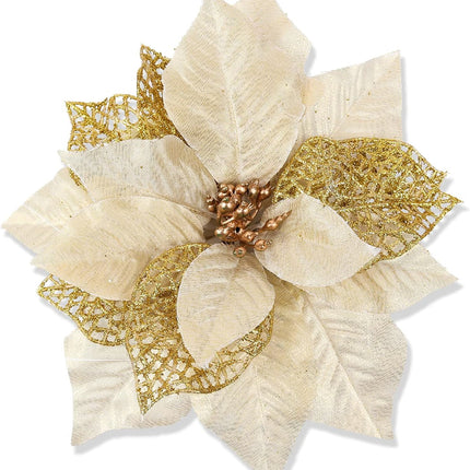 RECUTMS Pack of 10 Glitter Artificial Poinsettia Flowers Christmas Wreath Christmas Tree Flowers with 10 Pcs Green Soft Stings (Gold)