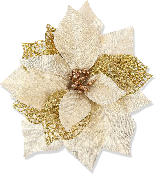 RECUTMS Pack of 10 Glitter Artificial Poinsettia Flowers Christmas Wreath Christmas Tree Flowers with 10 Pcs Green Soft Stings (Gold)