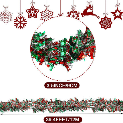 39.4 Feet Christmas Tinsel Garland Metallic Twist Garland Shiny Hanging Garland Ornaments for Christmas Tree Party Supplies Indoor and Outdoor Decoration (Red, Green and Silver)