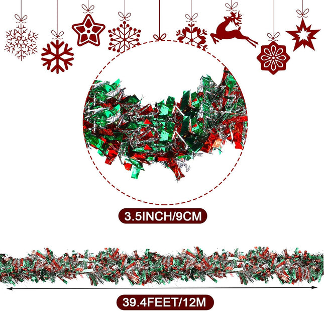 39.4 Feet Christmas Tinsel Garland Metallic Twist Garland Shiny Hanging Garland Ornaments for Christmas Tree Party Supplies Indoor and Outdoor Decoration (Red, Green and Silver)