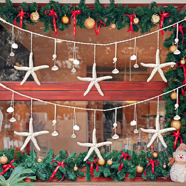 Starfish & Seashell Garland Beach Christmas Decorations 80" with 6PCS Handmade Crafts Starfish & Natural Sea Shells Ornaments, for Coastal Beach Christmas Decor, Home Interior Decor, Party Mermaid