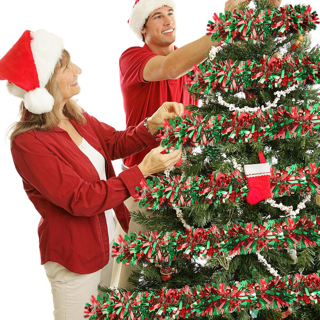 MARFOREVER 3 Pcs Christmas Tinsel Garland Tree Decoration Red Green Metallic Tinsel Twist Garland Hanging Supplies for Christmas Holidays Year Party Indoor Outdoor Home Wall Decor 19.7 Feet