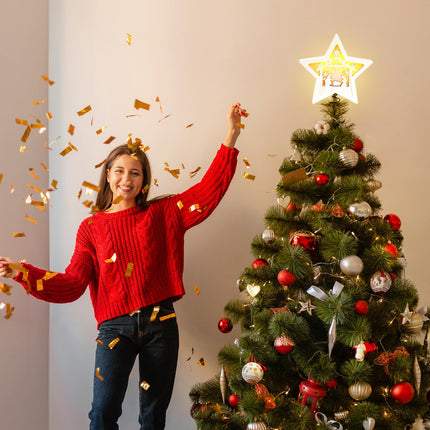 Star Nativity Christmas Tree Topper Lighted, 3D Wooden Star LED Nativity Tree Topper Star of Bethlehem for Christmas Party Decorations Indoor