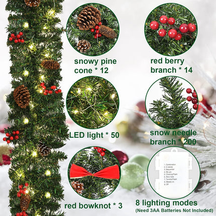 Dolicer 9Ft Christmas Garland with 50Lights, Battery Operated Christmas Lighted Garland Prelit Christmas Garland with Pine Cones Christmas Decoration Xmas Pine Garland for Mantle Home Indoor Fireplace