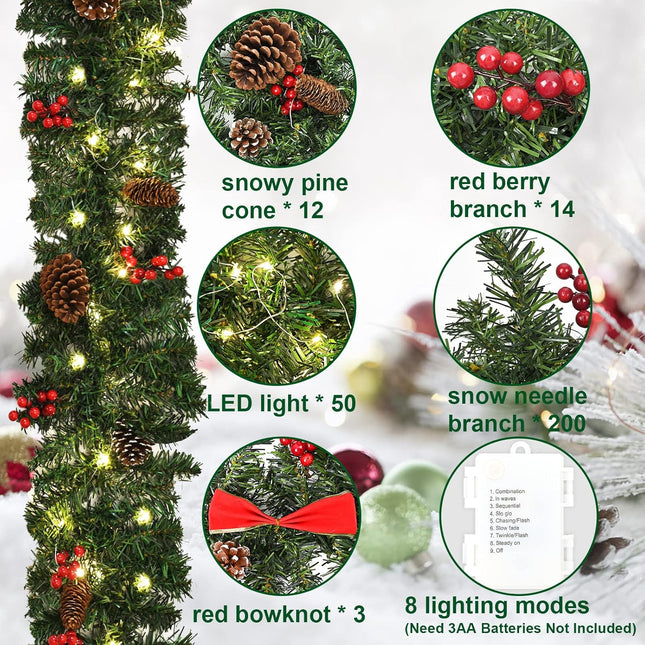 Dolicer 9Ft Christmas Garland with 50Lights, Battery Operated Christmas Lighted Garland Prelit Christmas Garland with Pine Cones Christmas Decoration Xmas Pine Garland for Mantle Home Indoor Fireplace